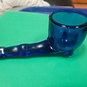 cobalt blue glass toothpick holder shaped like a pipe
